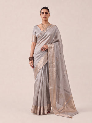 Peachmode Grey Cotton Blend Saree - Image 2