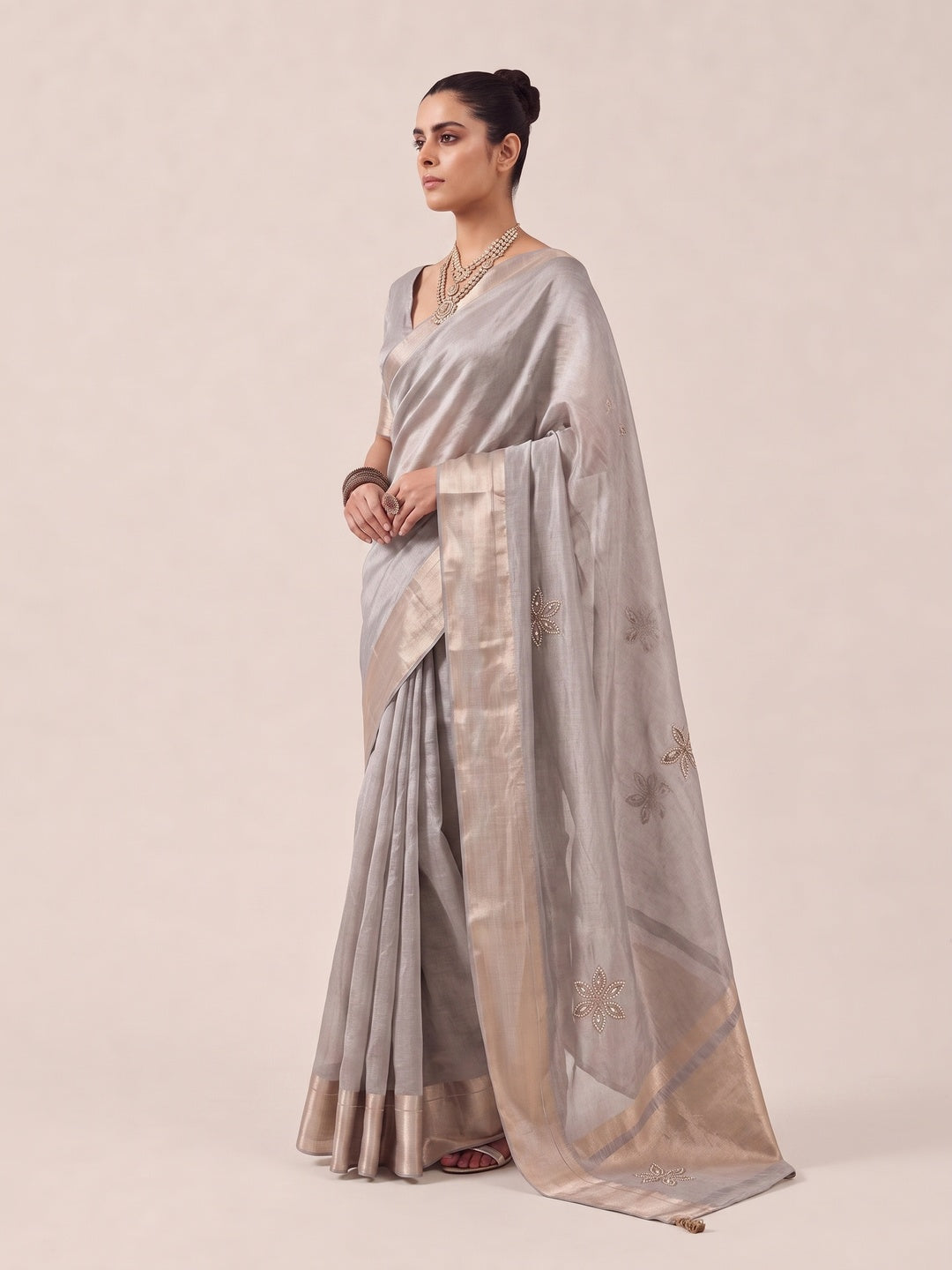 Peachmode Grey Cotton Blend Saree - Image 3
