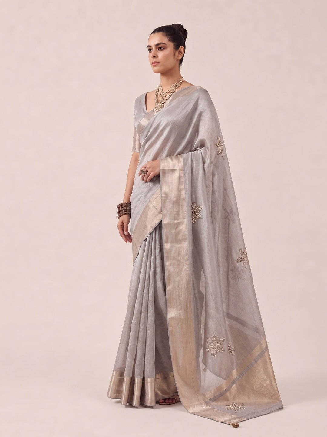 Peachmode Grey Cotton Blend Saree - Image 4