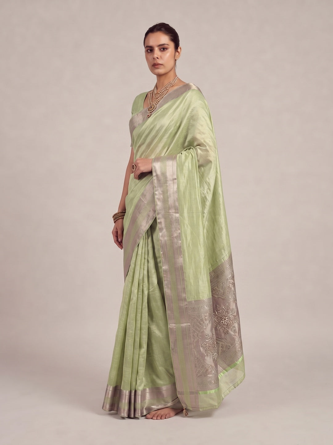 Peachmode Green Cotton Blend Saree - Image 4