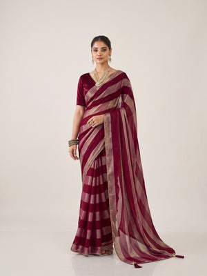 Peachmode Maroon Satin Saree - Image 1