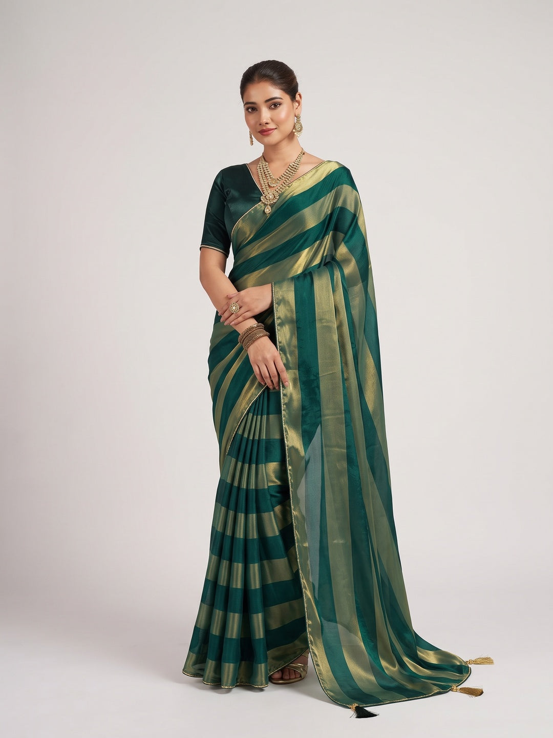 Peachmode Green Satin Saree - Image 1