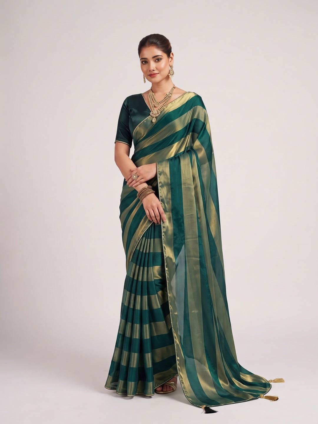 Peachmode Green Satin Saree - Image 2
