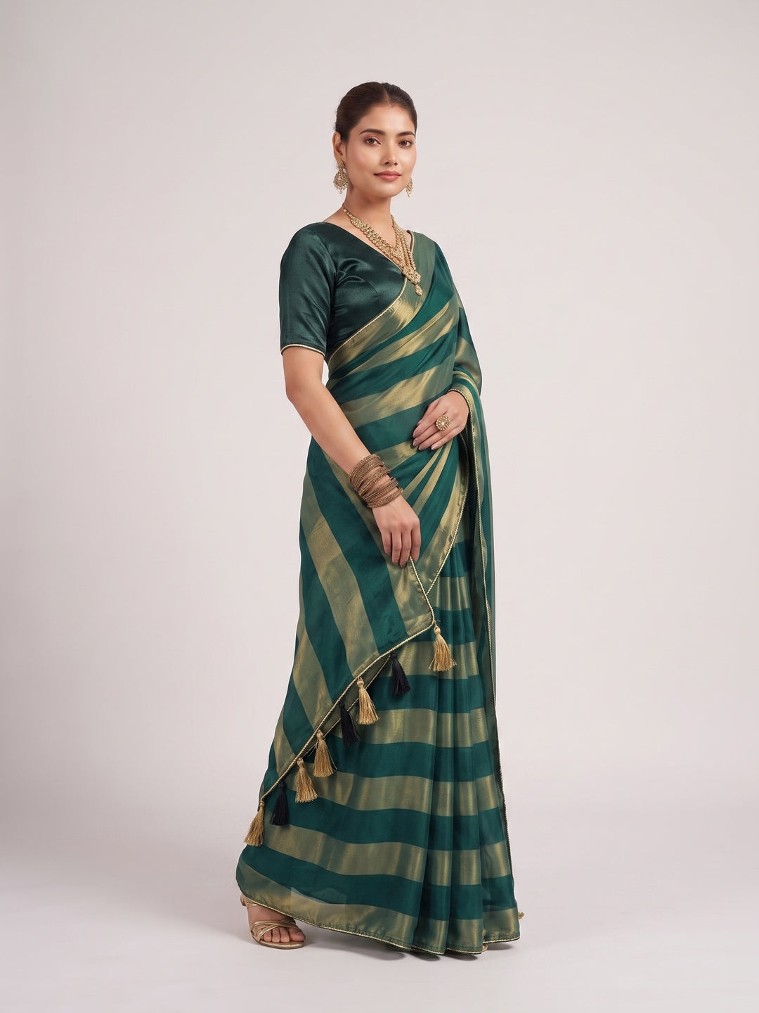 Peachmode Green Satin Saree - Image 3
