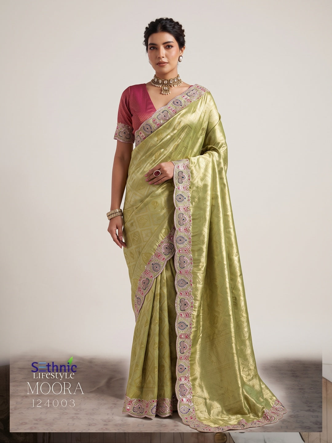 Peachmode Green Silk Blend Saree - Image 1
