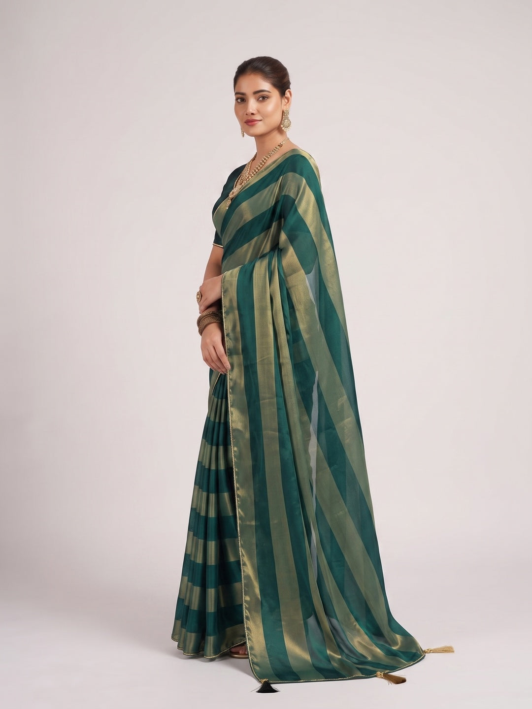 Peachmode Green Satin Saree - Image 4