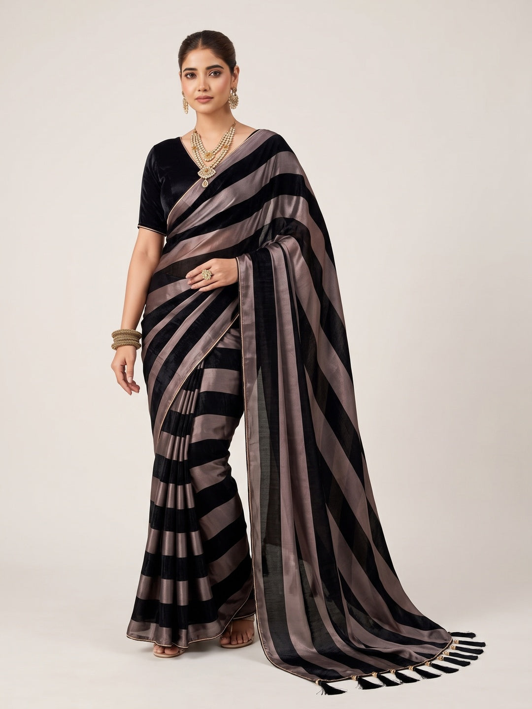 Peachmode Black Satin Saree - Image 1