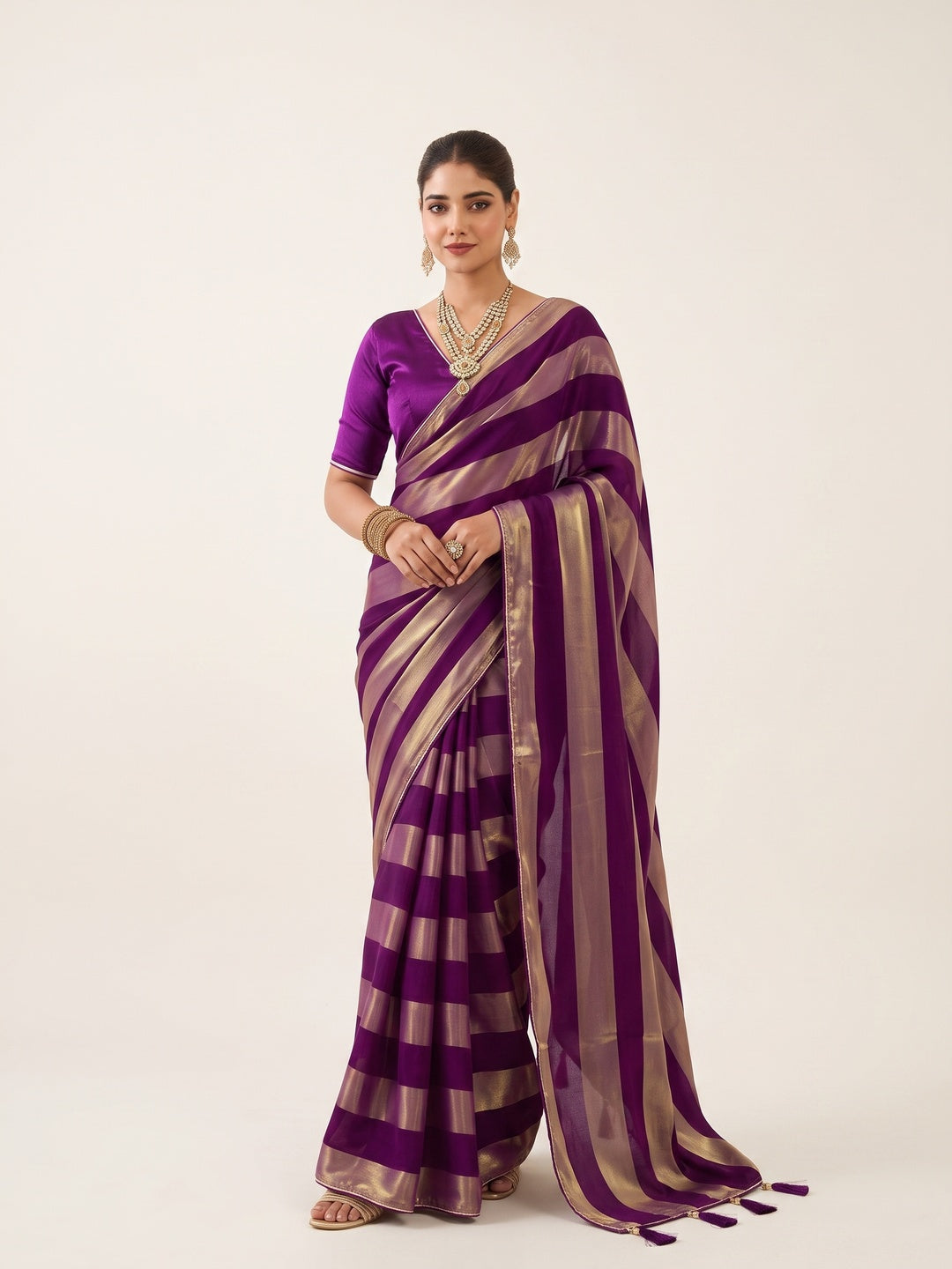 Peachmode Purple Satin Saree - Image 1