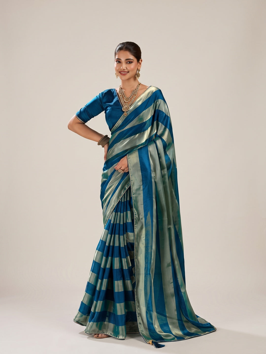 Peachmode Blue Satin Saree - Image 1