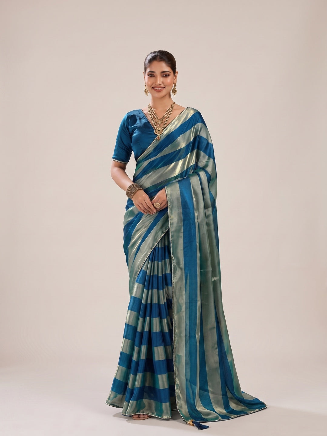 Peachmode Blue Satin Saree - Image 2