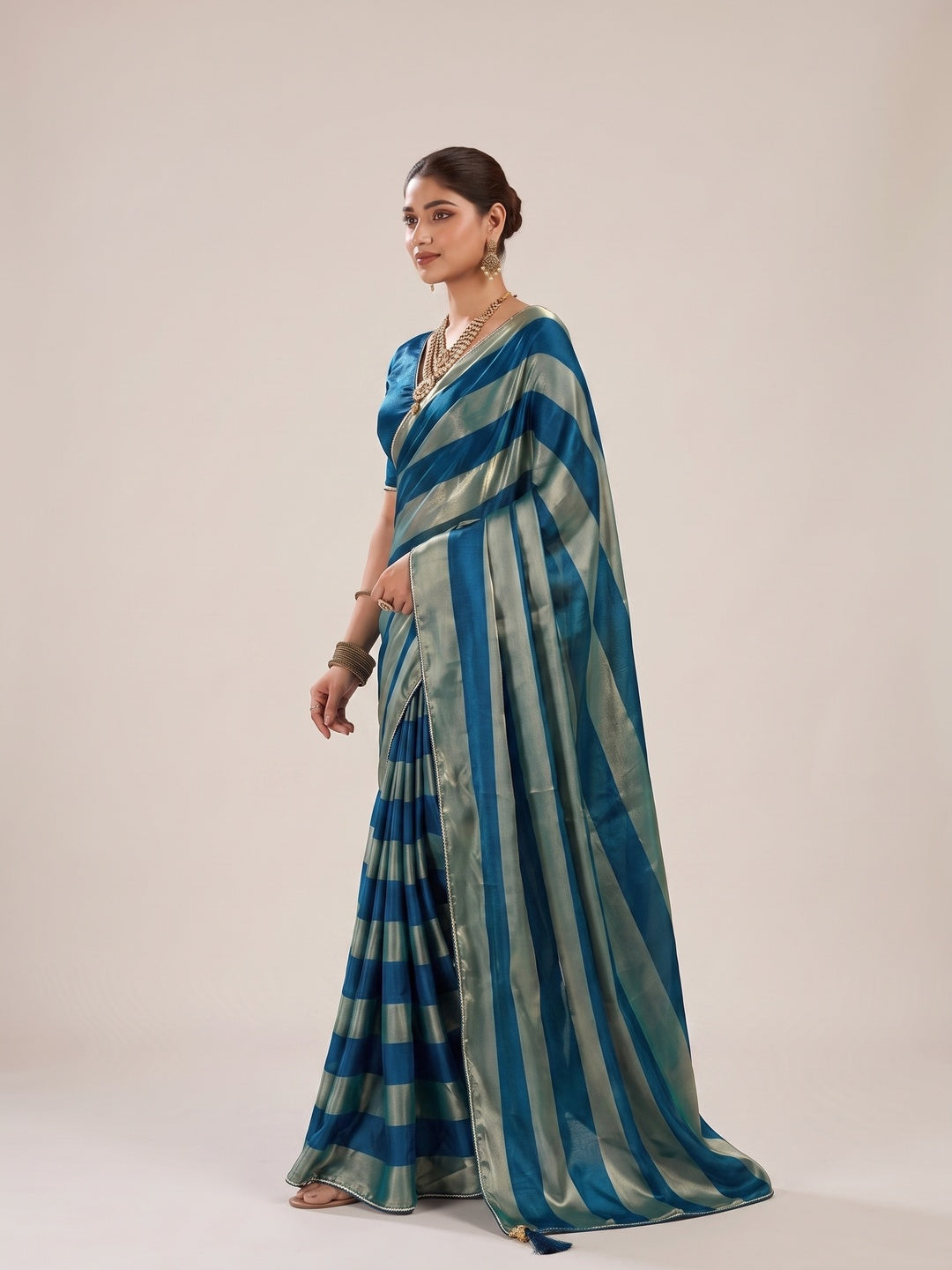 Peachmode Blue Satin Saree - Image 3