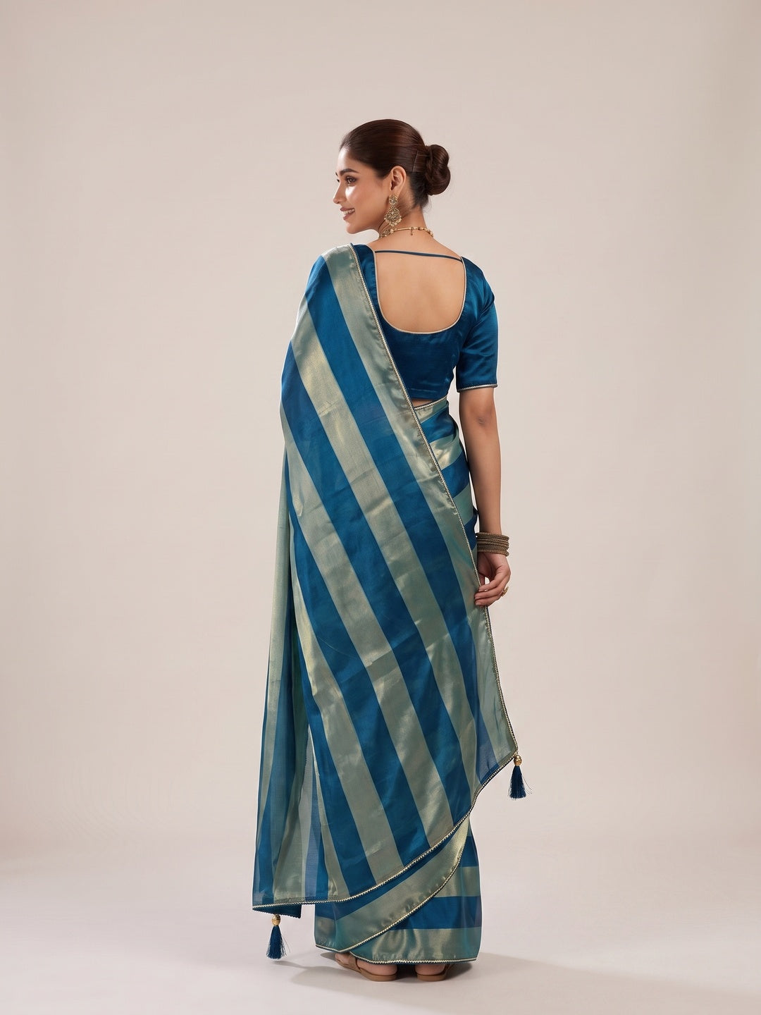 Peachmode Blue Satin Saree - Image 5