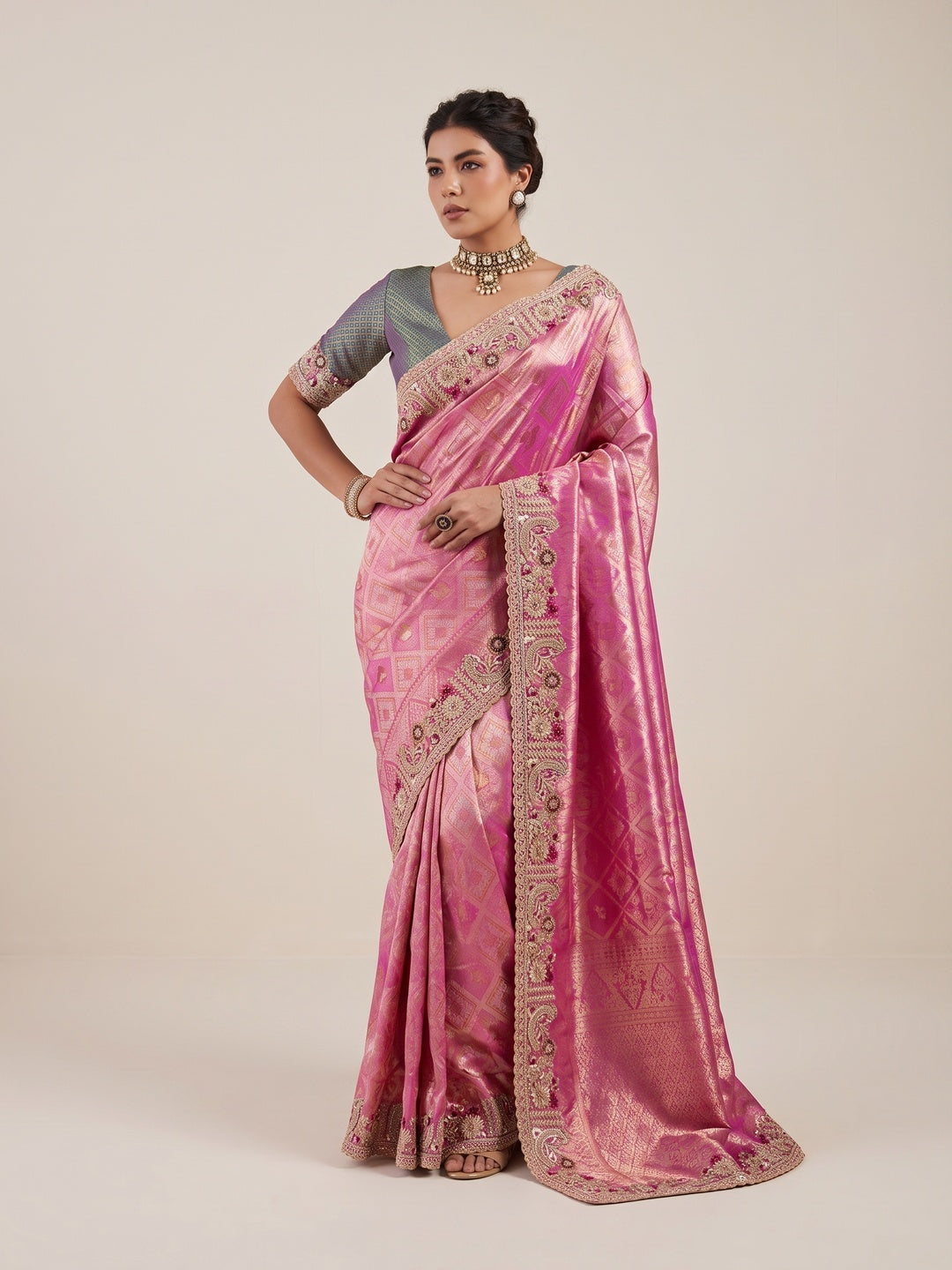 Peachmode Pink Silk Blend Saree - Image 1