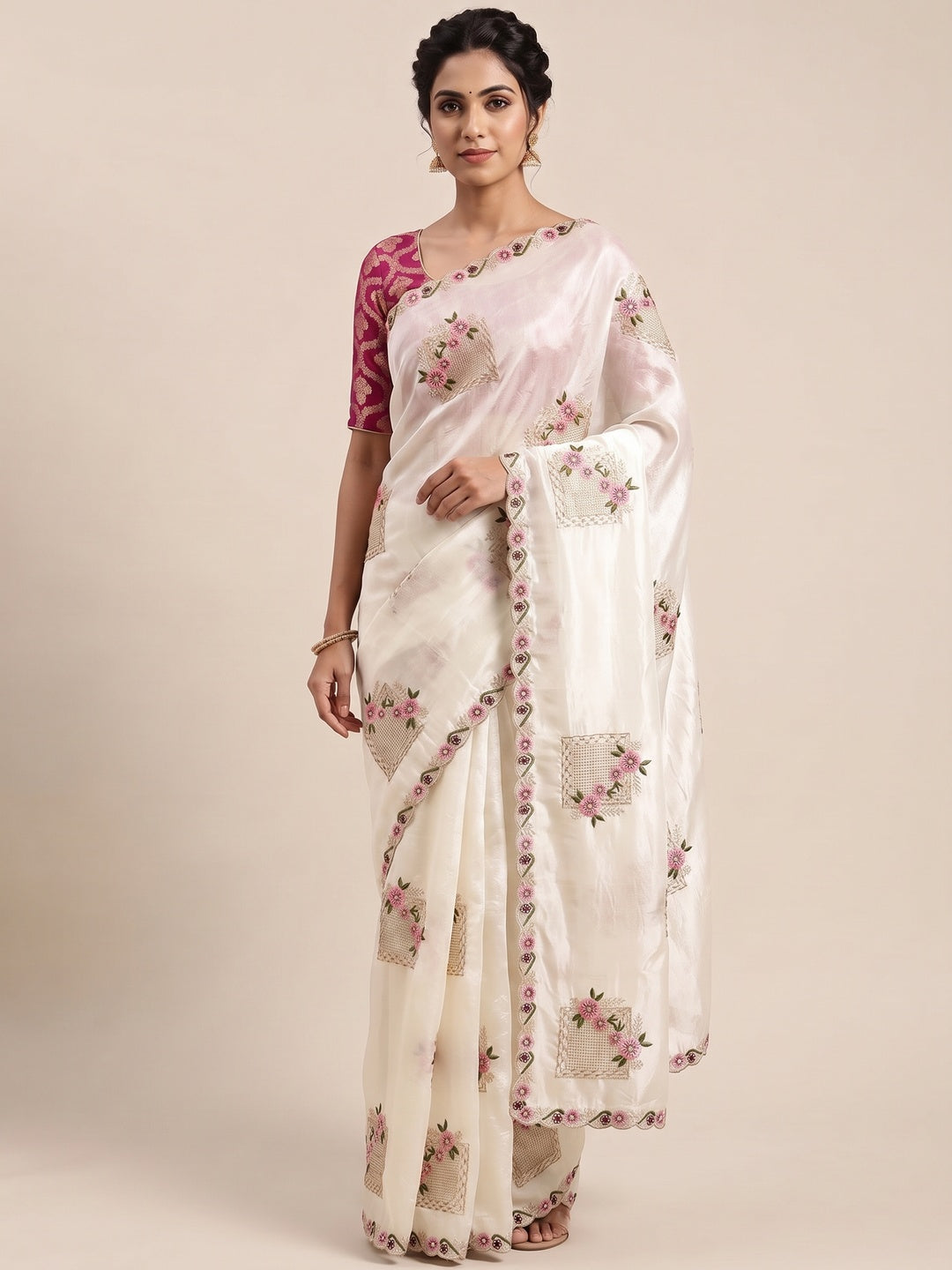 Stunning White Floral Embroidery & Swarovski Adorned Paper Silk Saree with Cutwork Border - Image 1