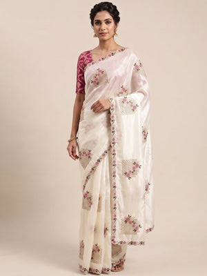Stunning White Floral Embroidery & Swarovski Adorned Paper Silk Saree with Cutwork Border - Image 1