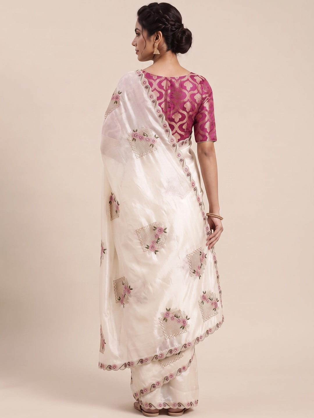 Stunning White Floral Embroidery & Swarovski Adorned Paper Silk Saree with Cutwork Border - Image 2