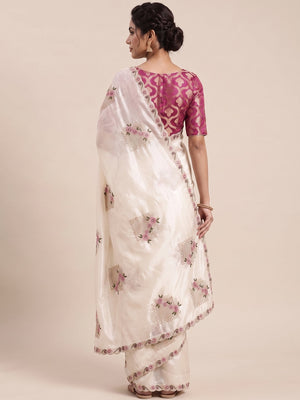 Stunning White Floral Embroidery & Swarovski Adorned Paper Silk Saree with Cutwork Border - Image 2