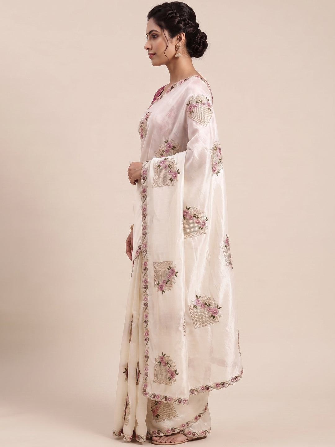 Stunning White Floral Embroidery & Swarovski Adorned Paper Silk Saree with Cutwork Border - Image 3