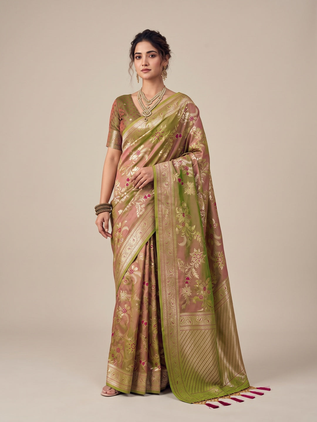 Peachmode Brown Silk Blend Saree - Image 1