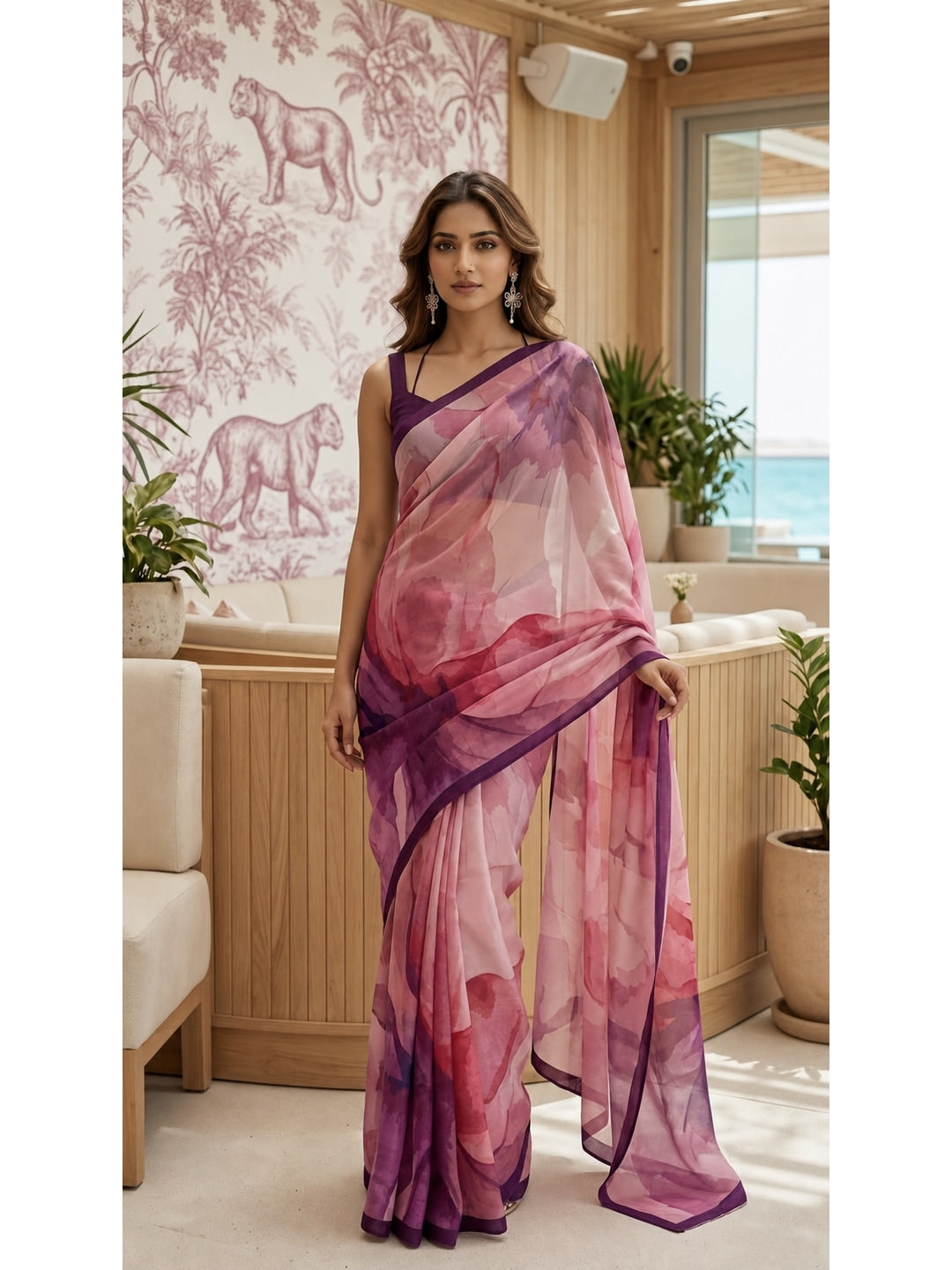 Peachmode Pink Abstract Crepe Silk Saree - Image 1