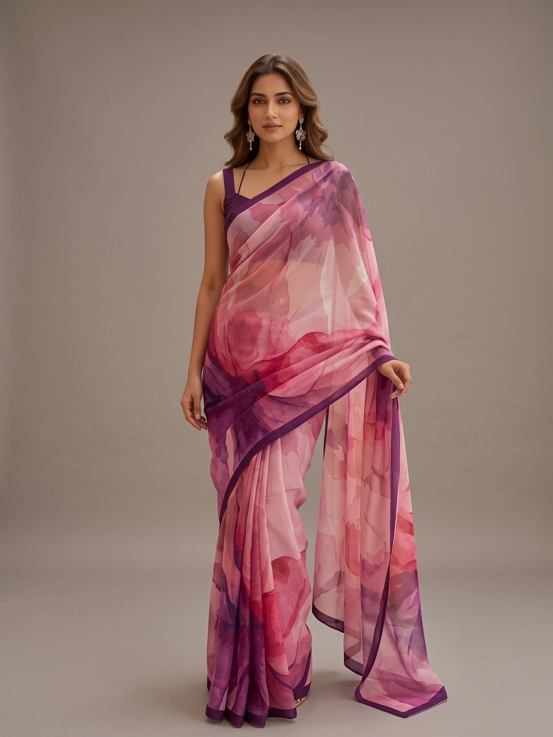 Peachmode Pink Abstract Crepe Silk Saree - Image 2