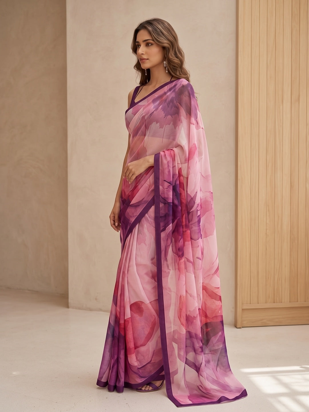 Peachmode Pink Abstract Crepe Silk Saree - Image 3