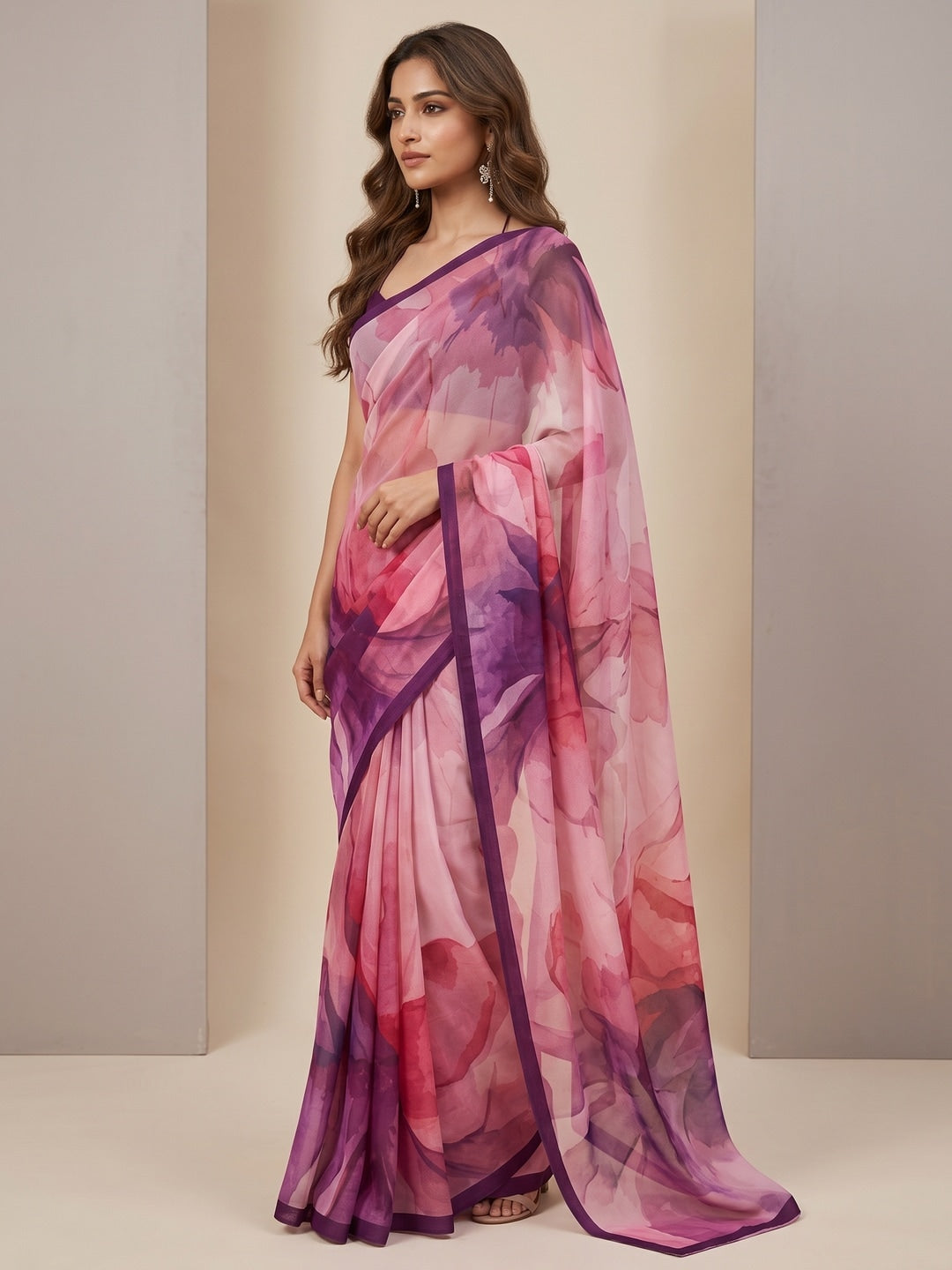 Peachmode Pink Abstract Crepe Silk Saree - Image 4