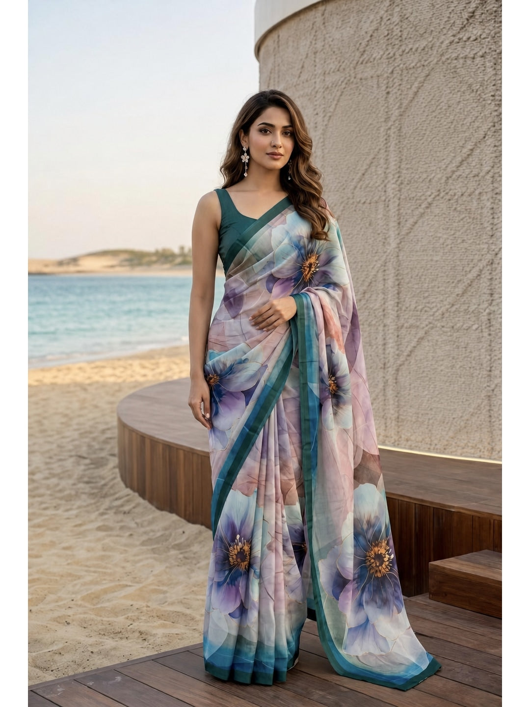Peachmode Teal Floral Crepe Silk Saree - Image 1