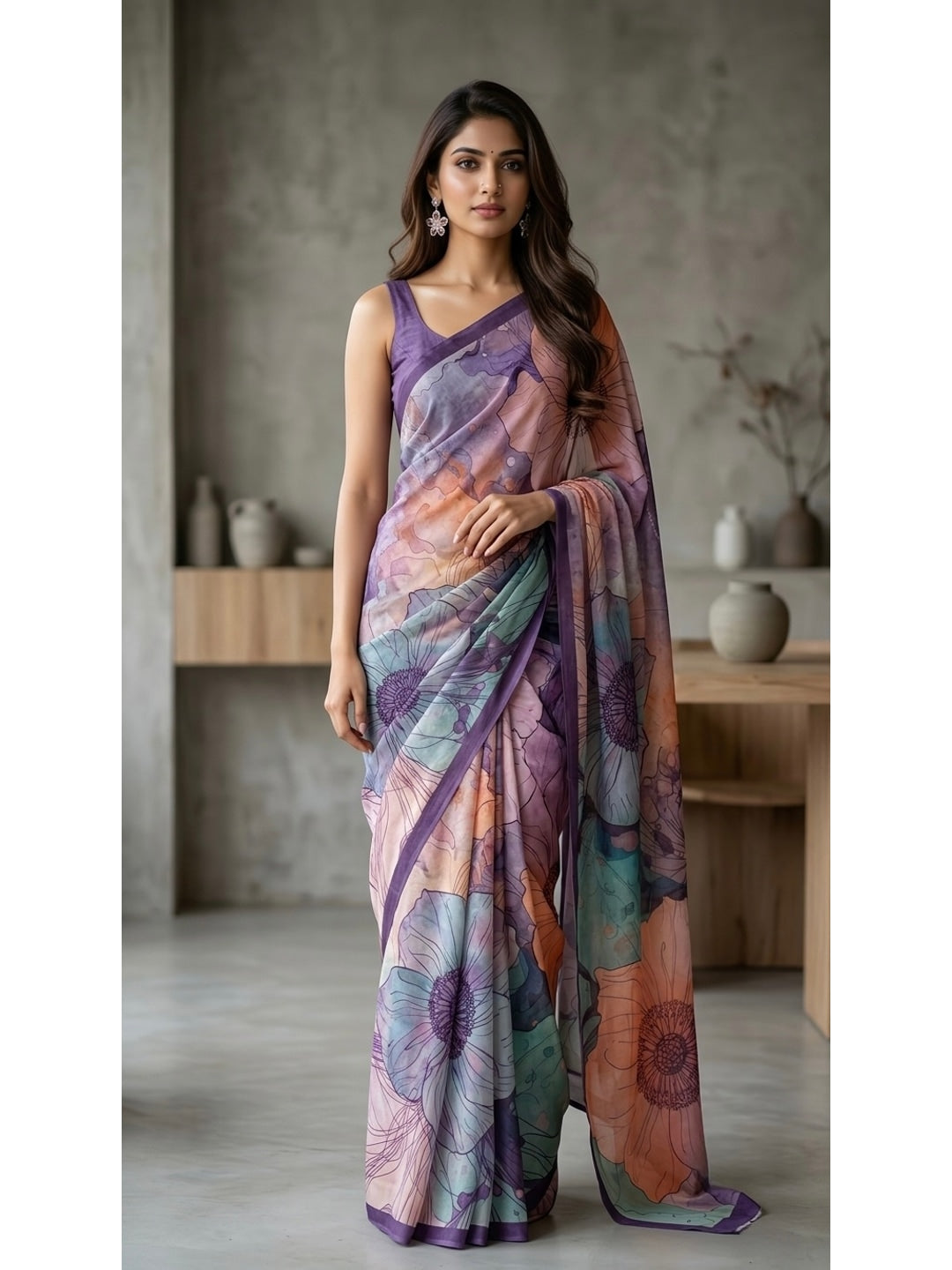 Peachmode Lavender Floral Crepe Silk Saree - Image 1