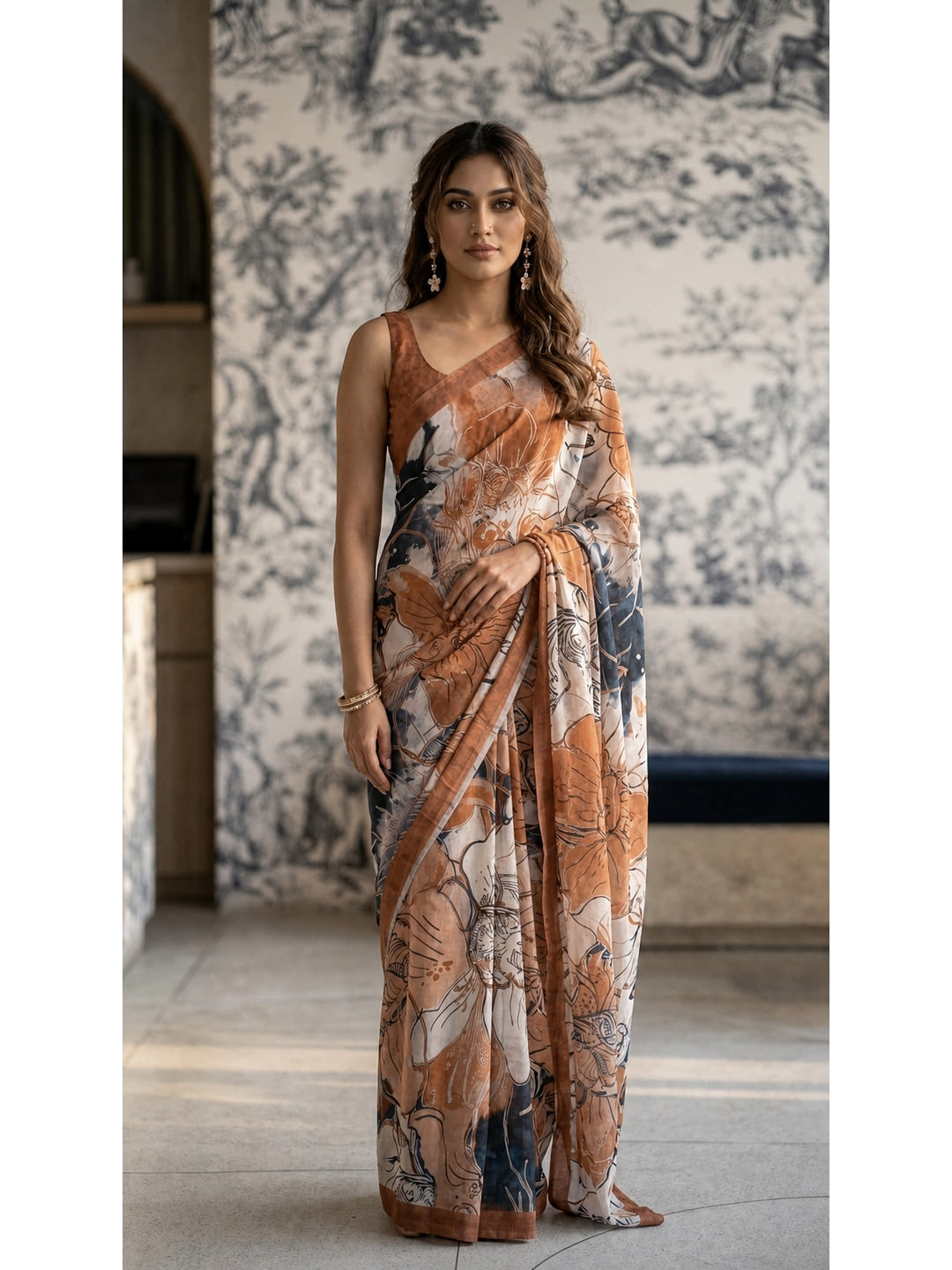 Peachmode Orange Line Art Crepe Silk Saree - Image 1