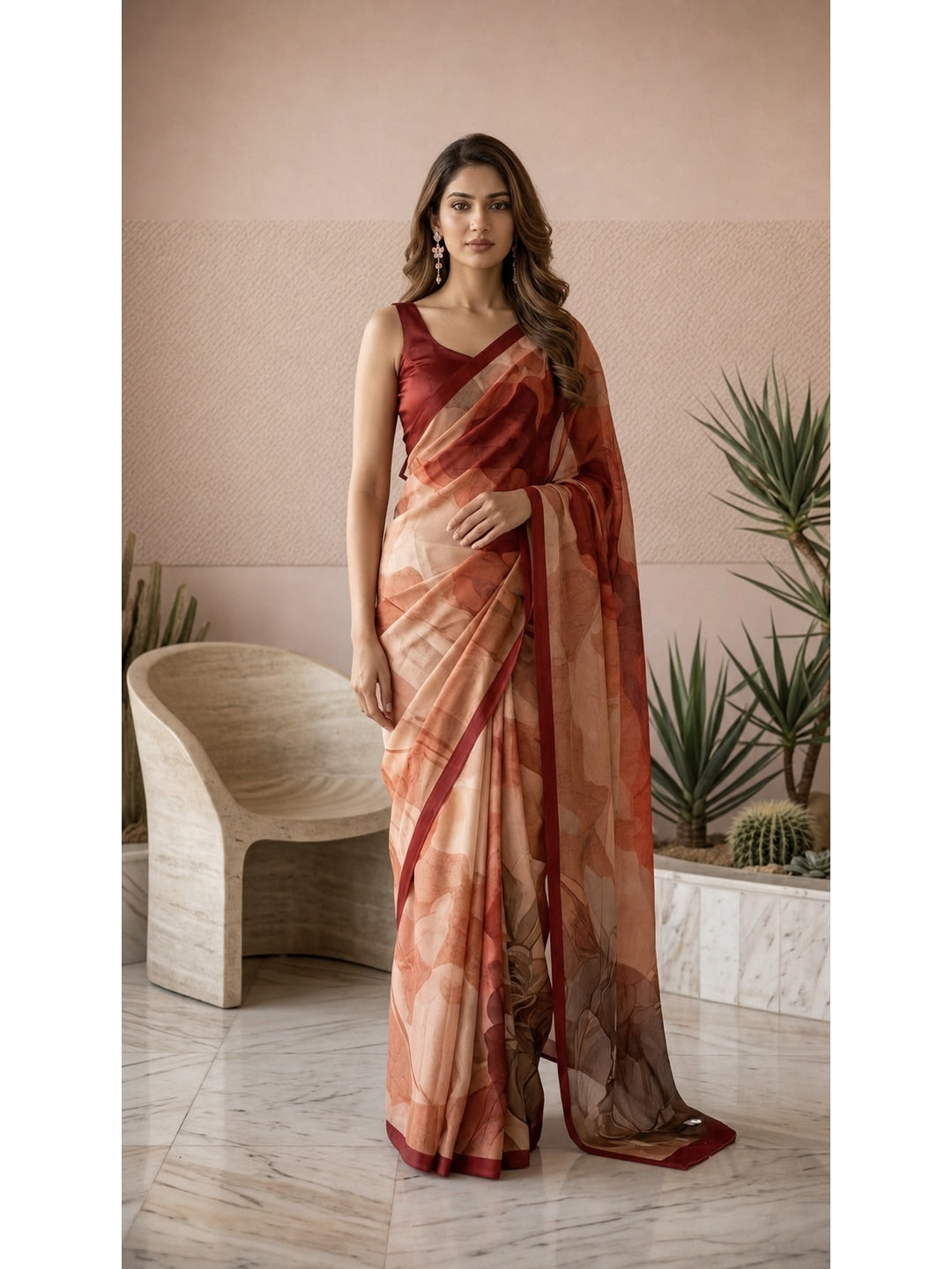 Peachmode Red Abstract Crepe Silk Saree - Image 1