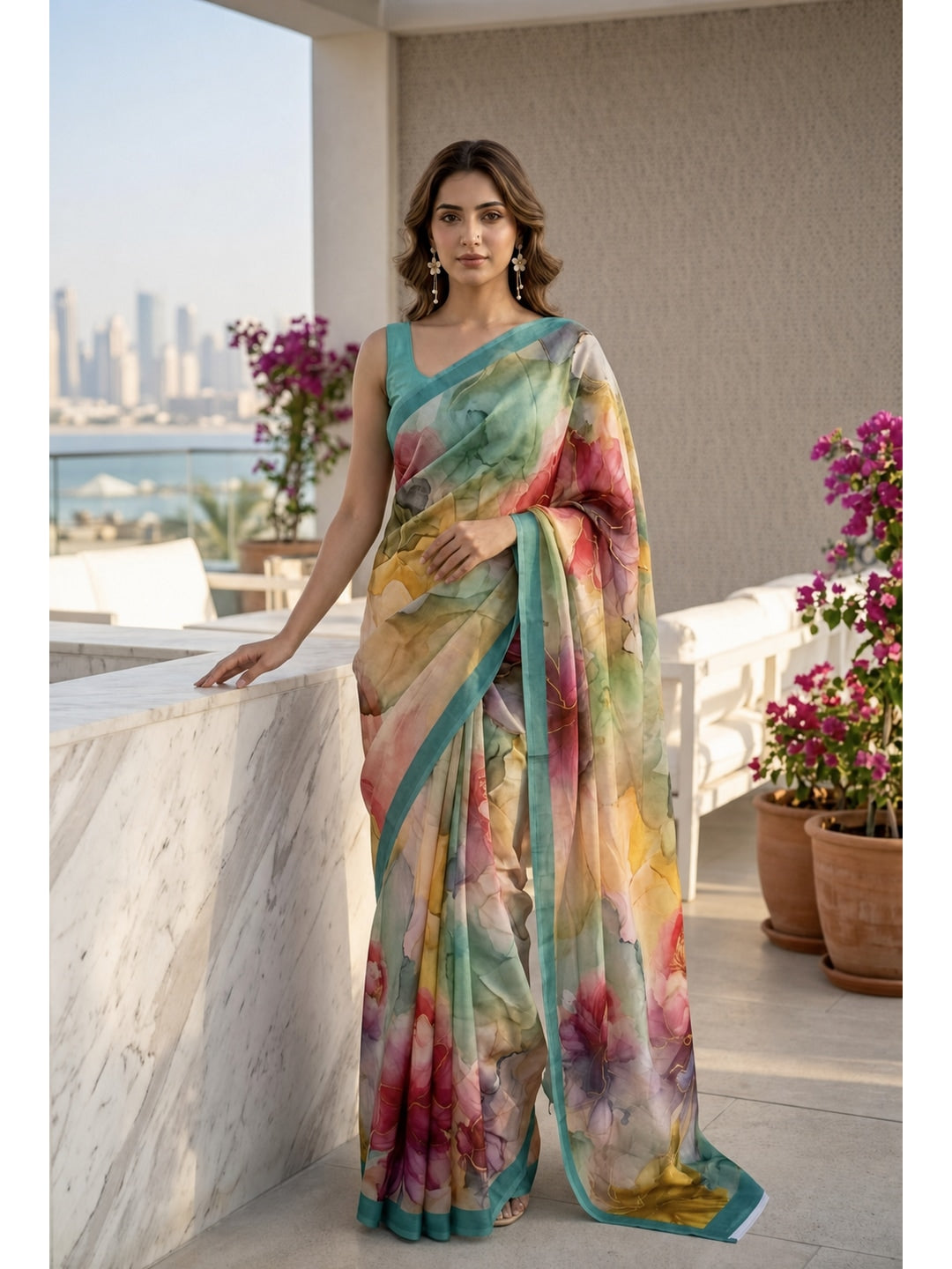 Peachmode Aqua Multicolor Floral Crepe Silk Saree - Image 1