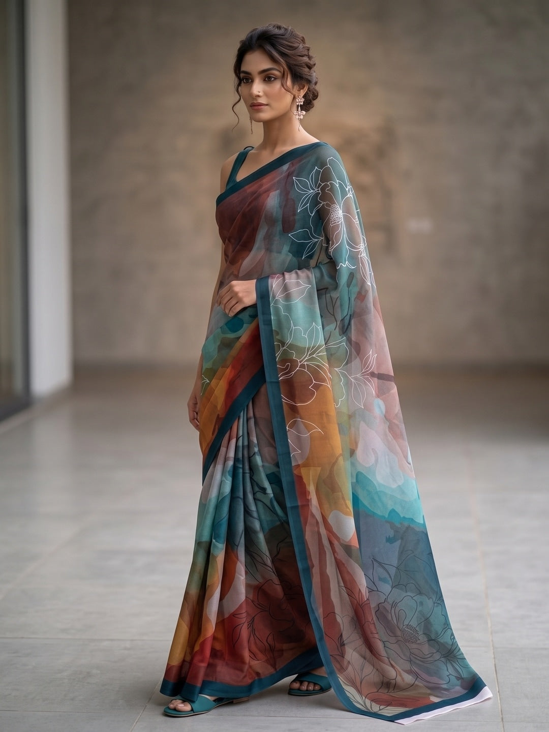 Peachmode Teal Multicolor Abstract Crepe Silk Saree - Image 3