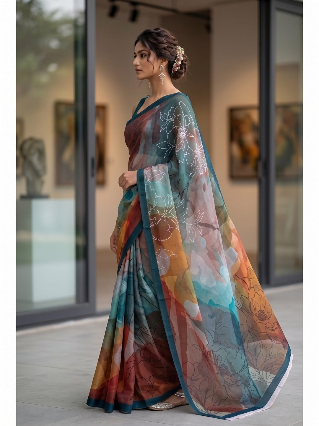 Peachmode Teal Multicolor Abstract Crepe Silk Saree - Image 4