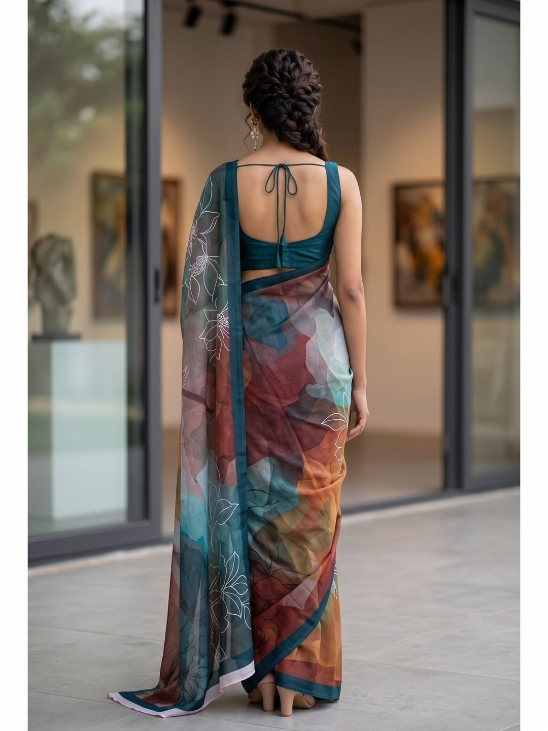 Peachmode Teal Multicolor Abstract Crepe Silk Saree - Image 5