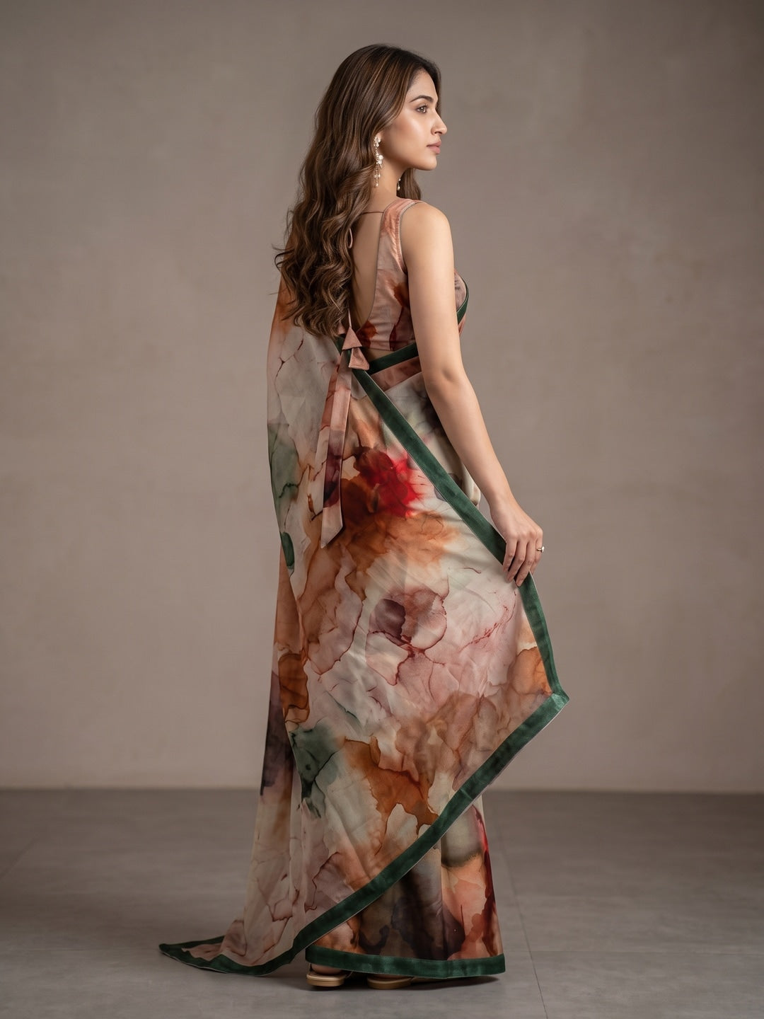 Peachmode Beige Watercolor Crepe Silk Saree - Image 4