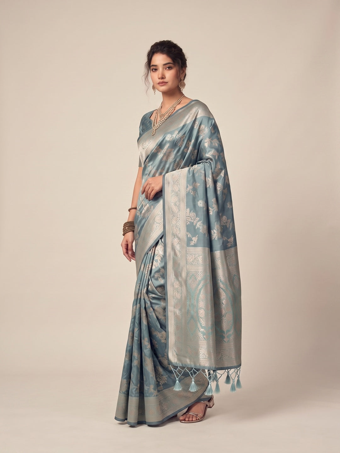 Peachmode Green Silk Blend Saree - Image 4