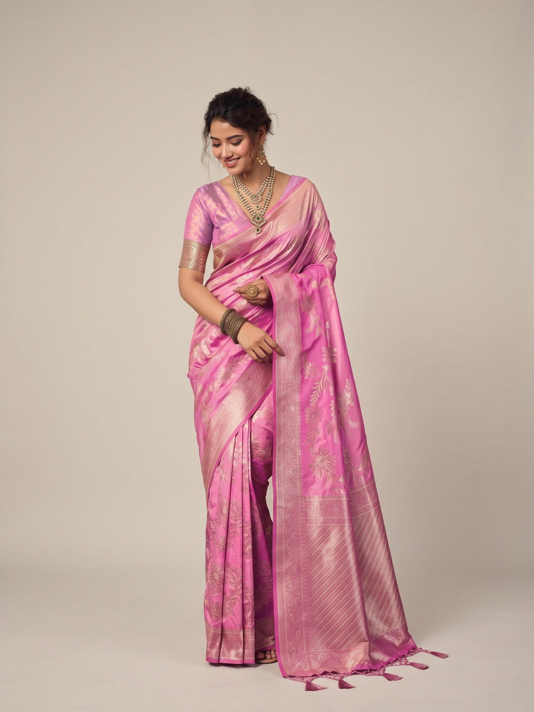 Peachmode Pink Silk Blend Saree - Image 1