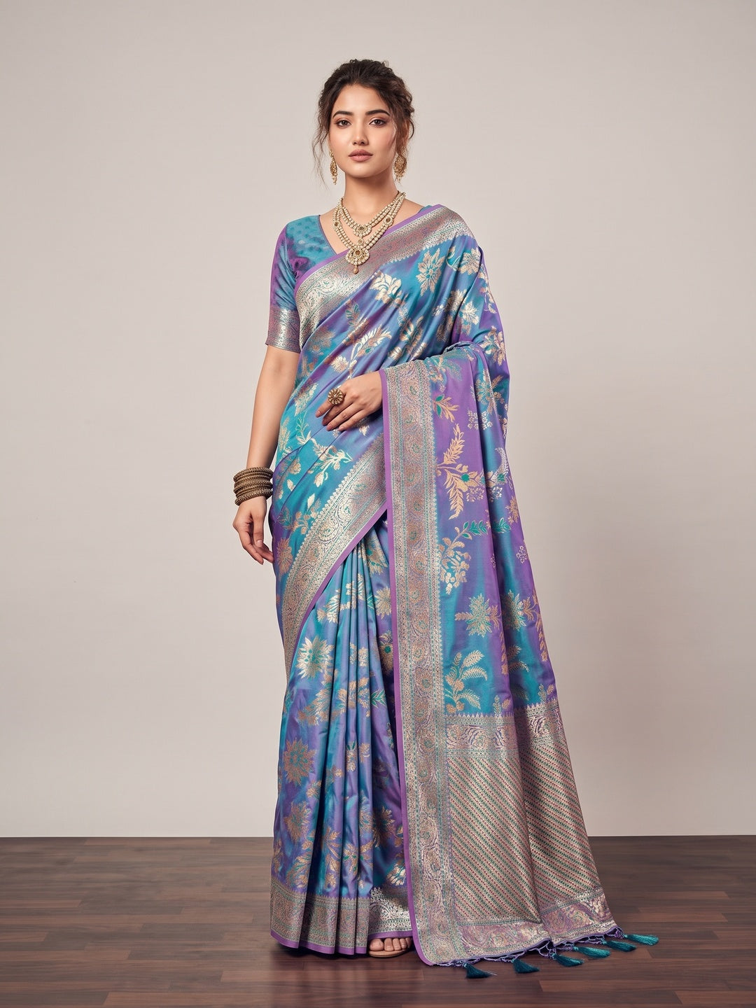 Peachmode Blue Silk Blend Saree - Image 1