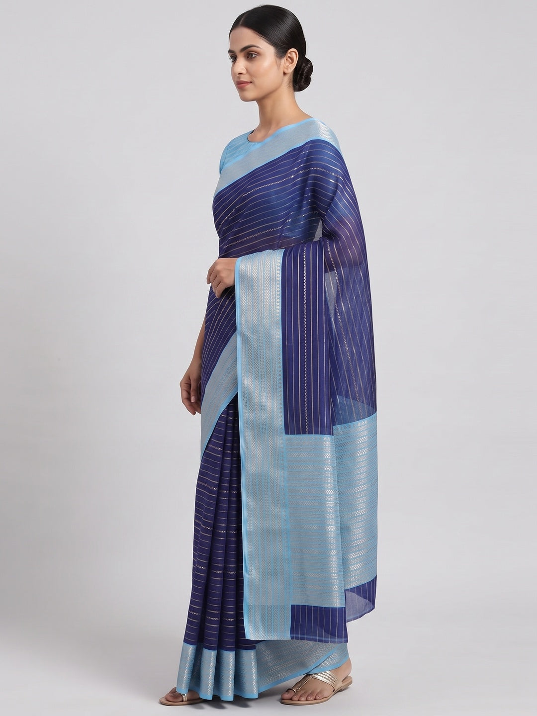 Classic Blue Marshmallow Jacquard Saree Adorned With Refined Striped Zari Weaving Patterns - Image 3