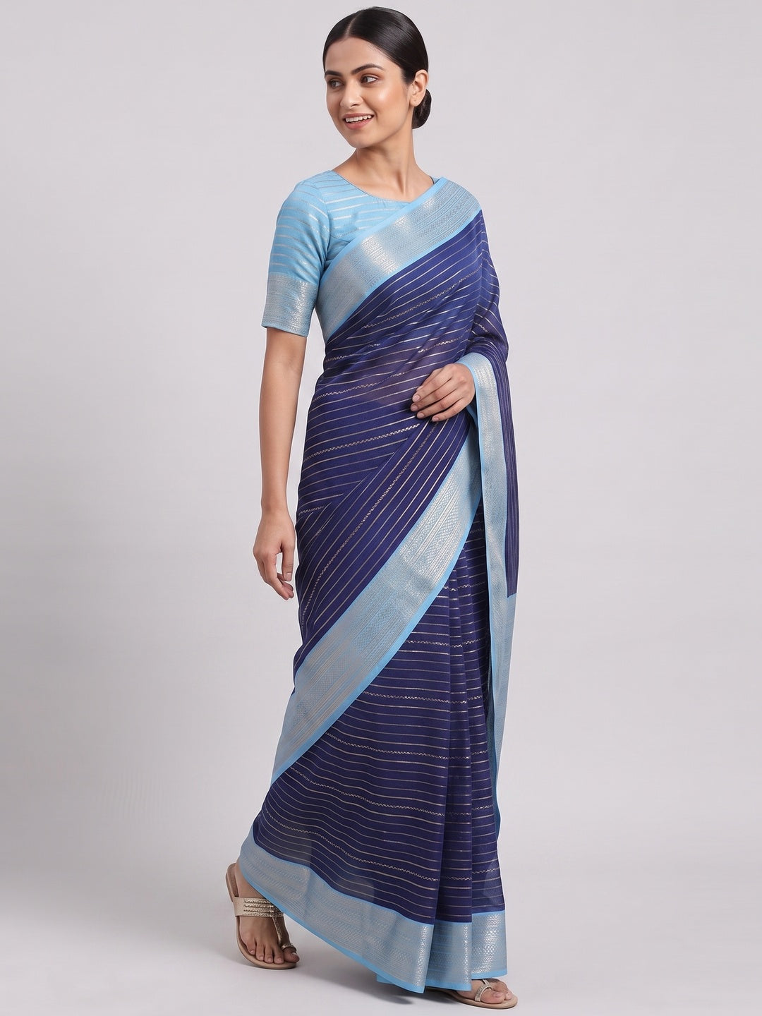 Classic Blue Marshmallow Jacquard Saree Adorned With Refined Striped Zari Weaving Patterns - Image 4