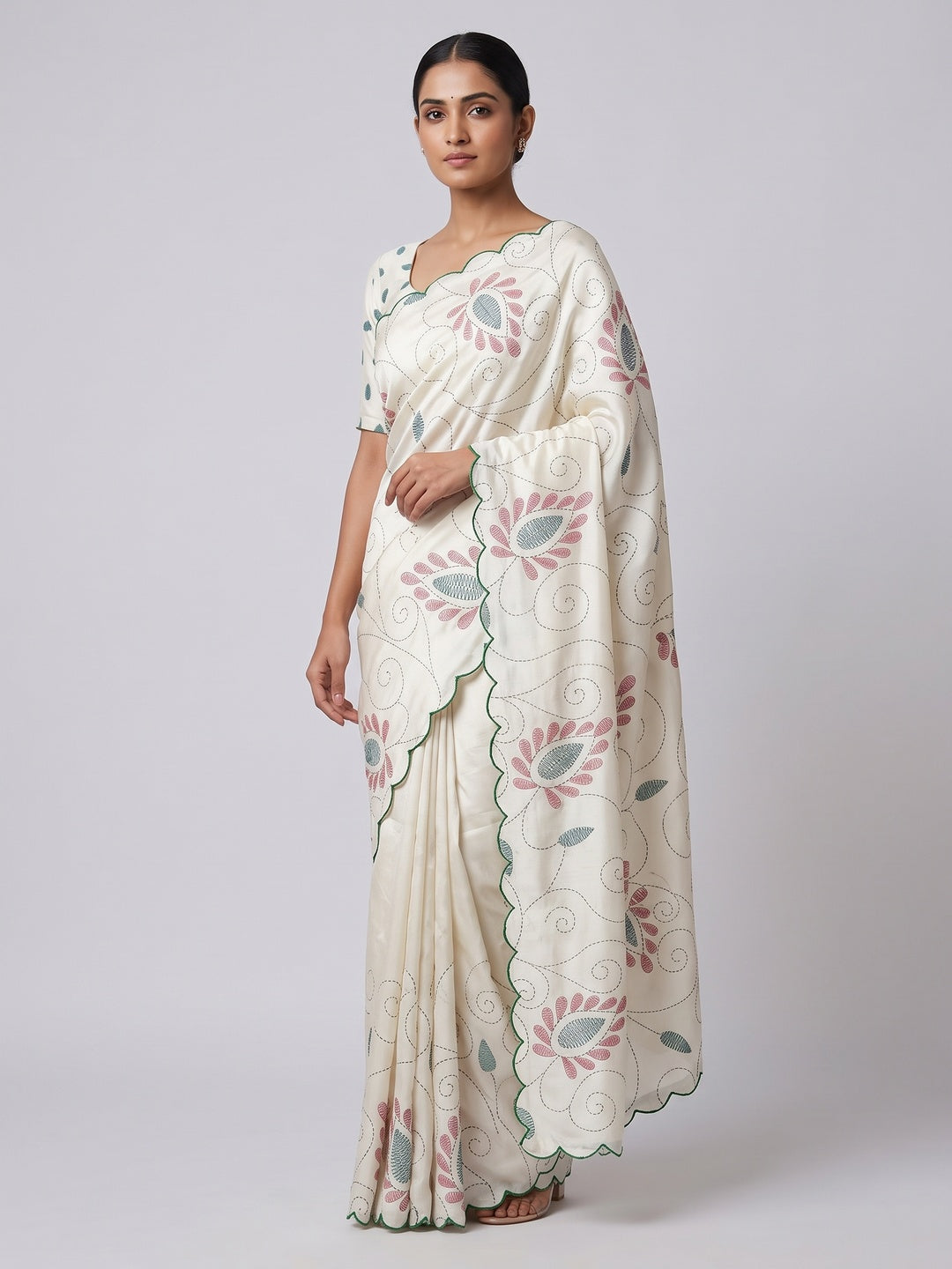 Classic Off White Warli Printed Saree in Lightweight Dola Silk Fabric - Image 2