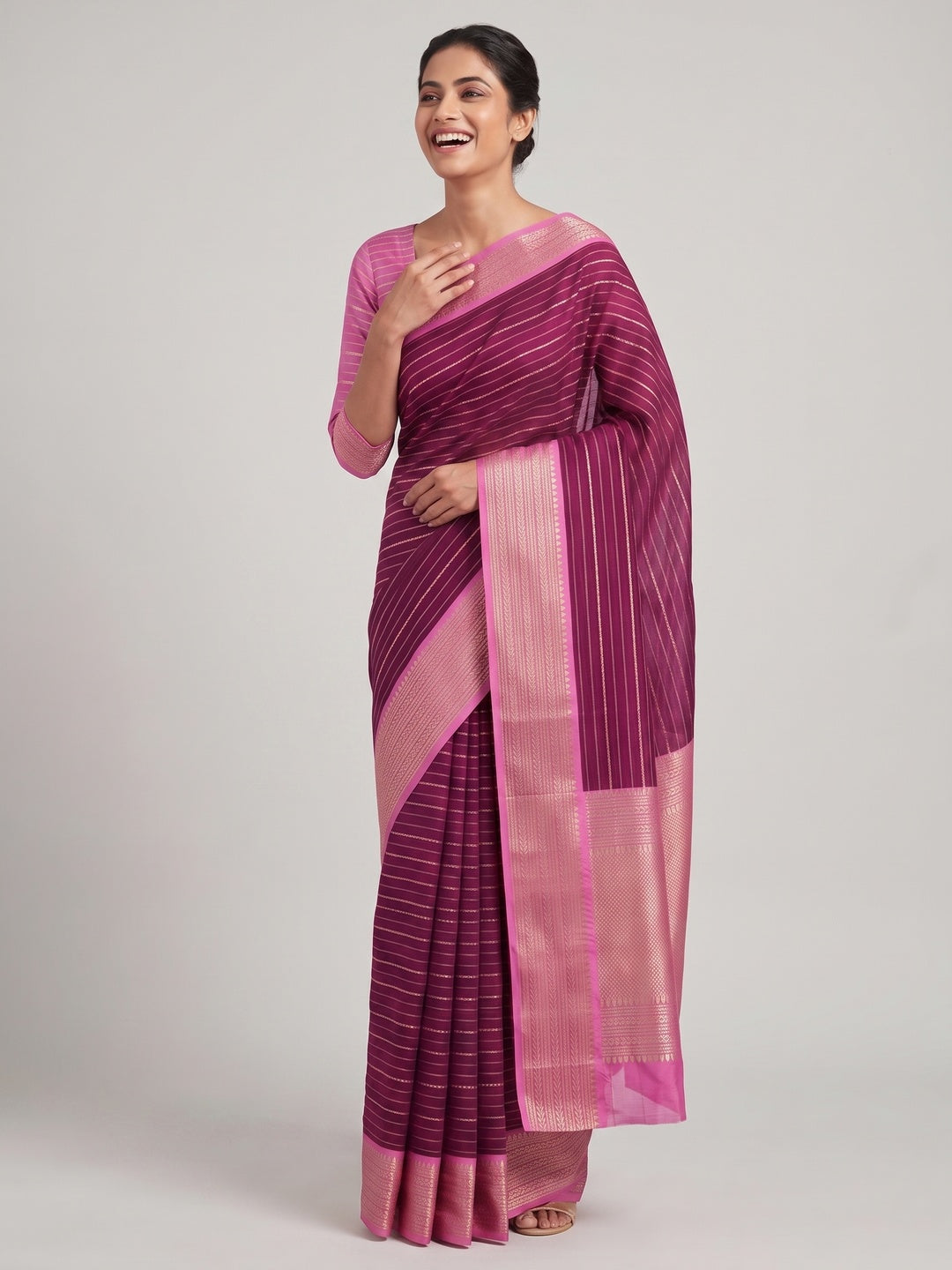 Classic Wine Marshmallow Jacquard Saree Adorned With Refined Striped Zari Weaving Patterns - Image 5
