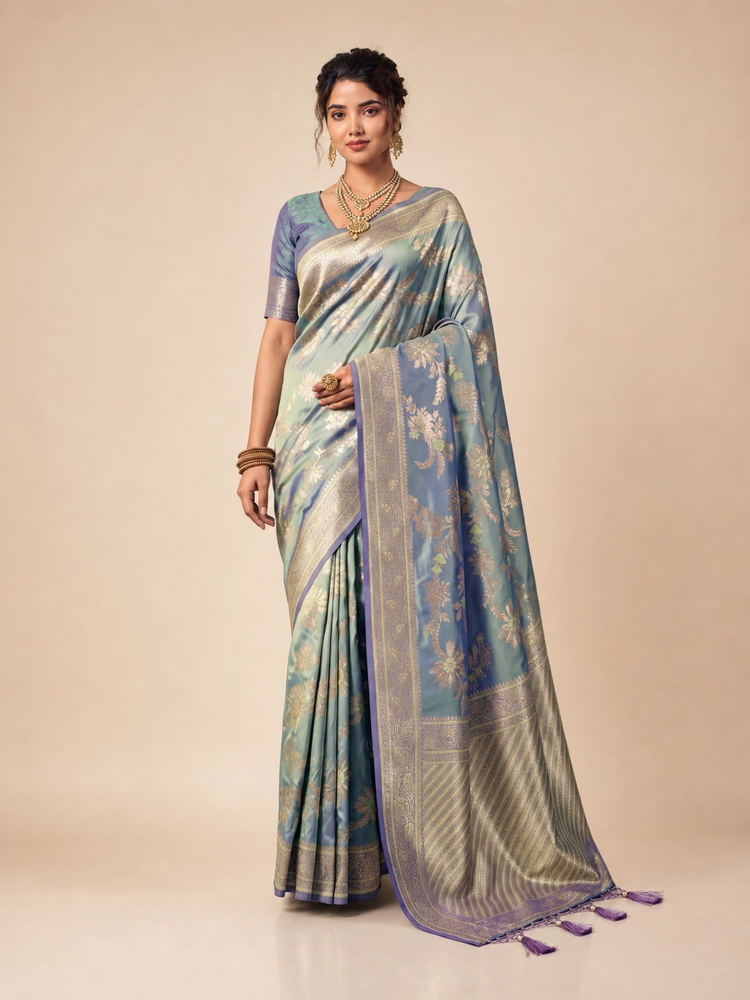 Peachmode Grey Silk Blend Saree - Image 1