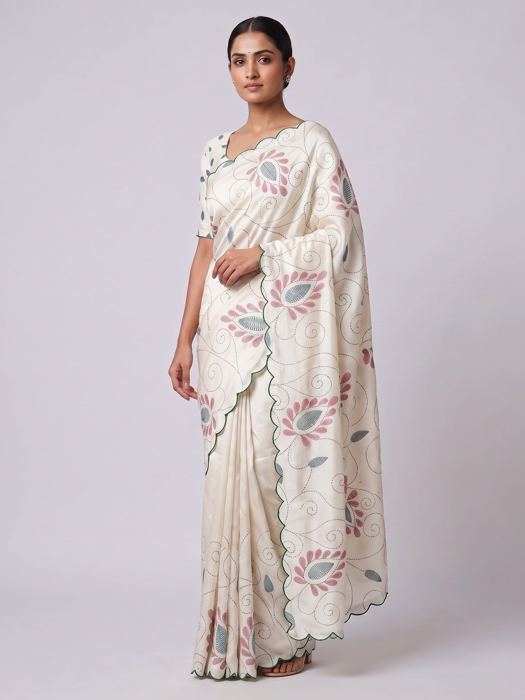 Classic Off White Warli Printed Saree in Lightweight Dola Silk Fabric - Image 1