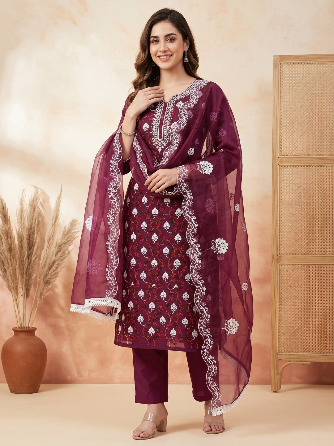 Elegant Wine Organza Dress Material Ensemble With Exquisite Floral Embroidery - Image 1