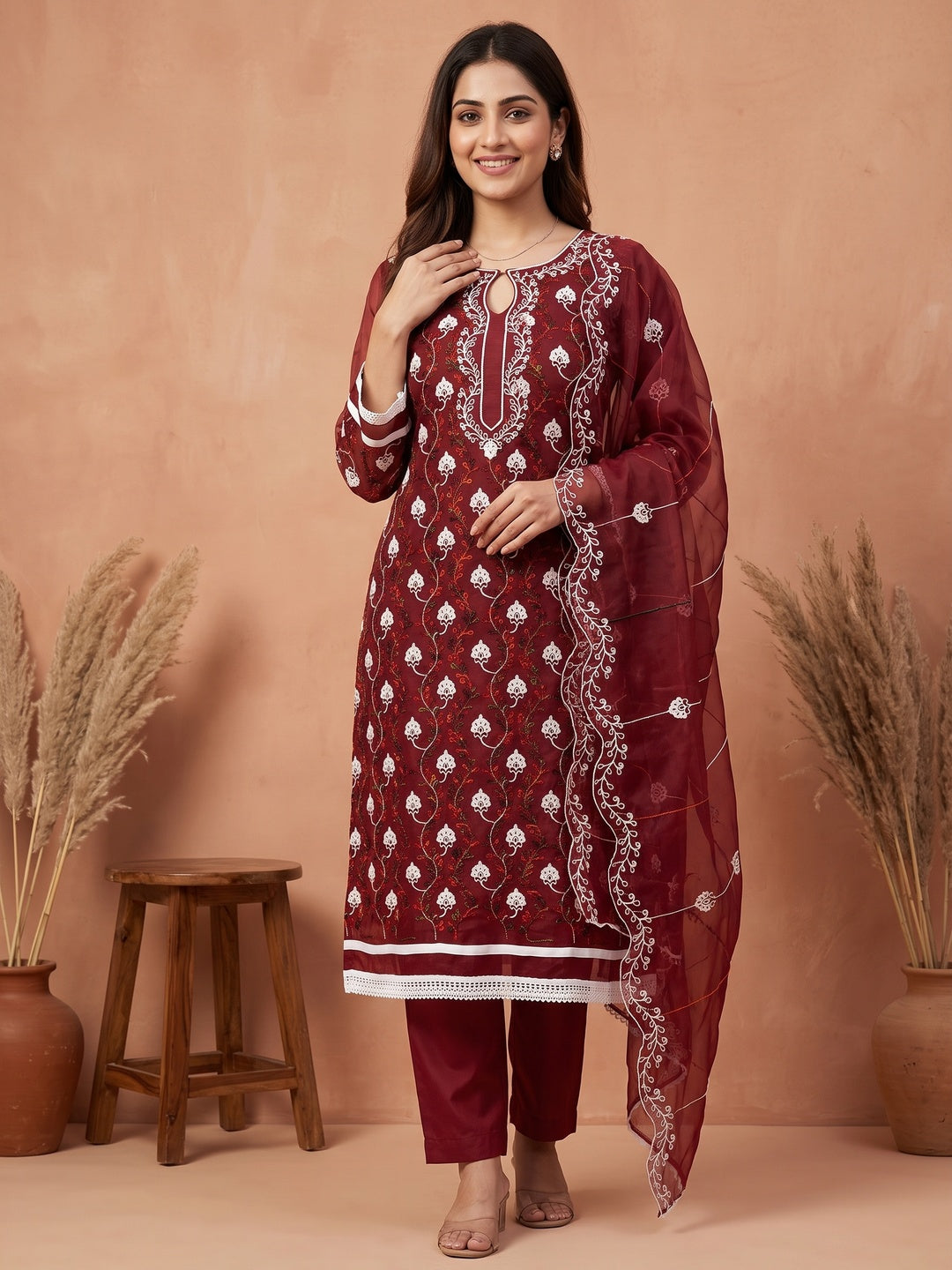 Elegant Maroon Organza Dress Material Ensemble With Exquisite Floral Embroidery - Image 1