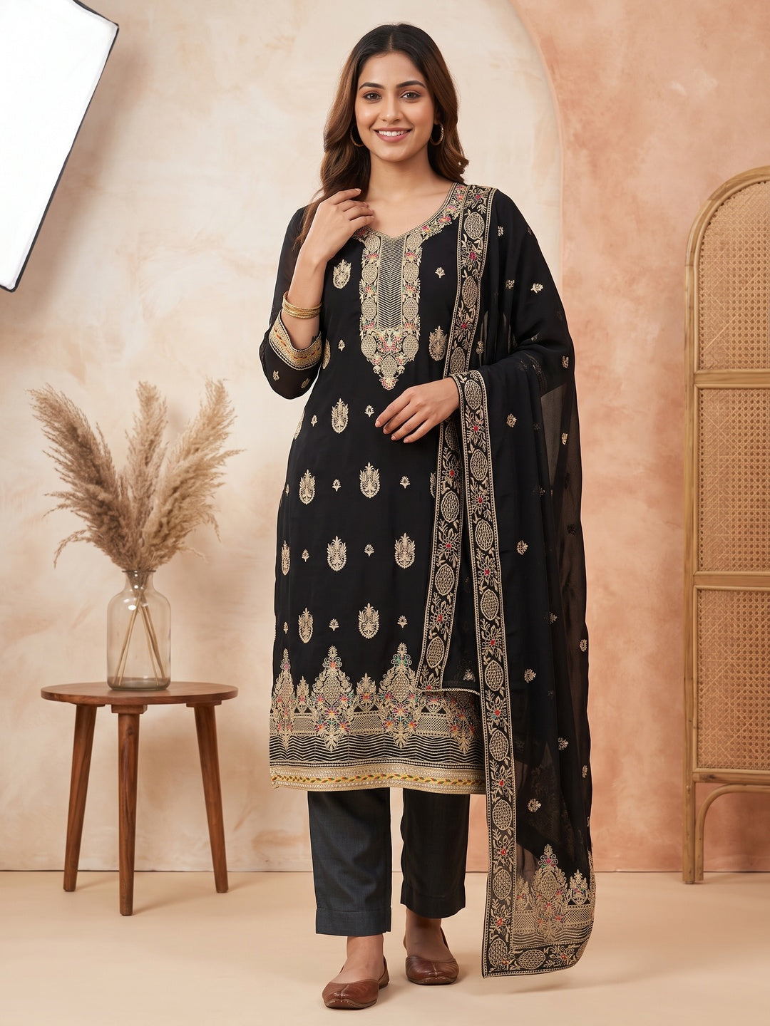 Black Floral Embroidered Georgette Dress Material - Image 5
