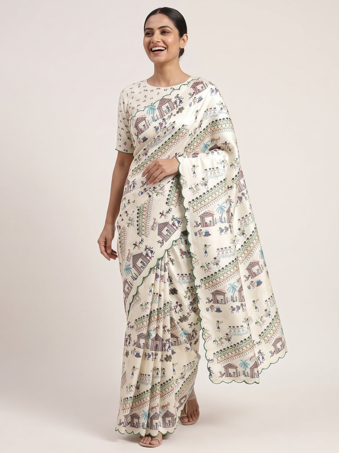 Sophisticated Off White Dola Silk Saree Adorned with Traditional Warli Patterns - Image 5