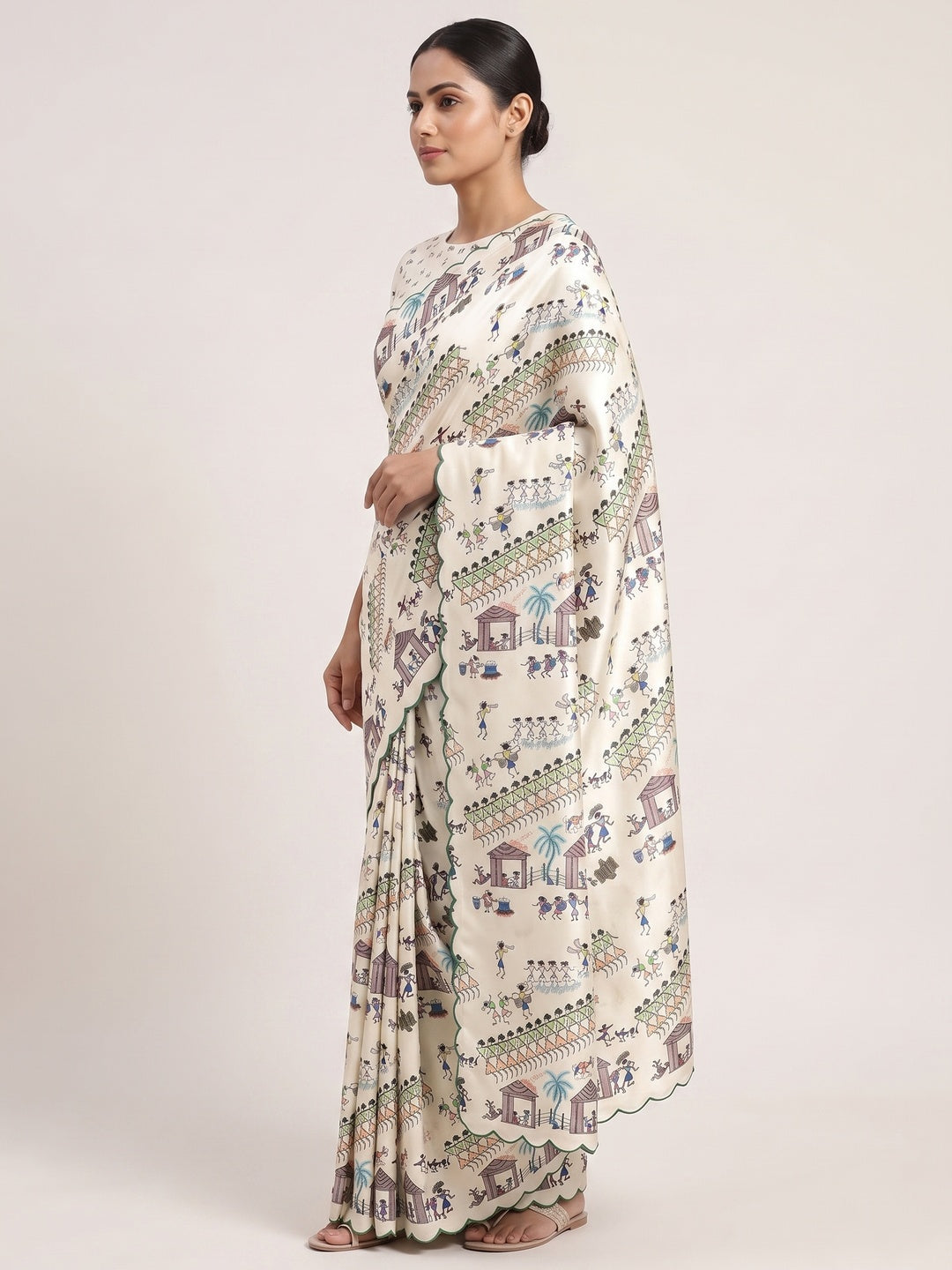 Sophisticated Off White Dola Silk Saree Adorned with Traditional Warli Patterns - Image 3